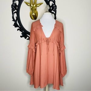 Forever 21 Contemporary Dark Peach Colored Long Sleeve Dress with Ties & Ruffles